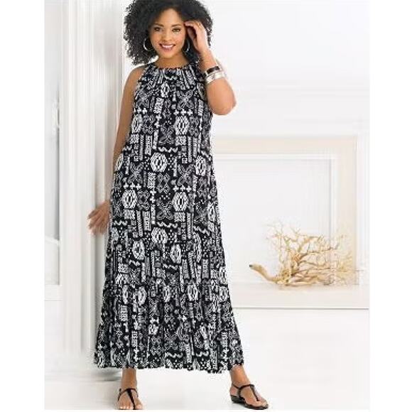 Women's Plus Size Tropical Black and White Geometric Printed Maxi Dress size 3X - Picture 1 of 4